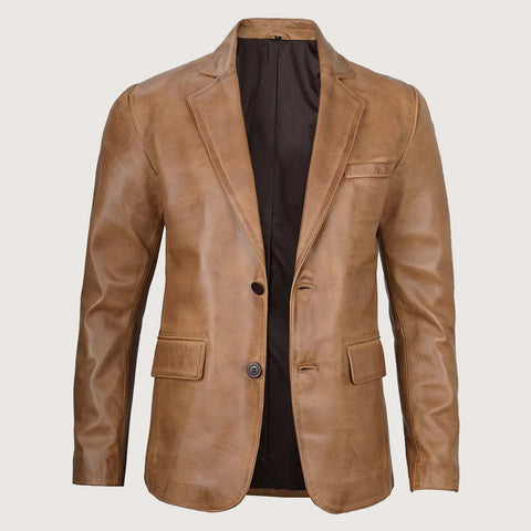 Men's Two Button Classic Camel Brown Leather Blazer