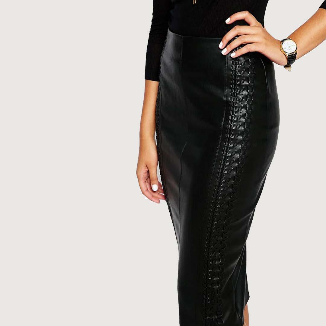 Classic Lambskin Leather Knee-Length Skirt