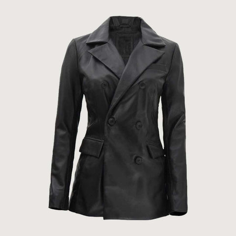 Breanna Women Double Breasted Black Leather Blazer