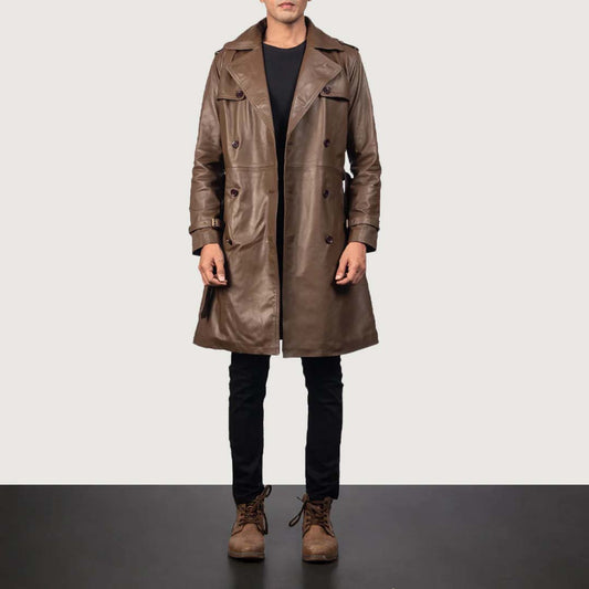 Brown Leather Duster Coat - Belted Coat