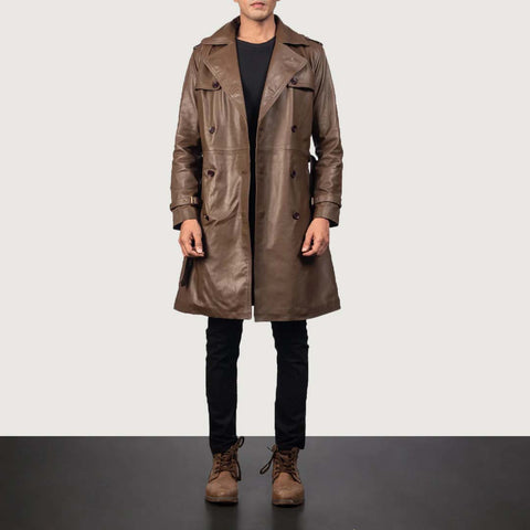 Brown Leather Duster Coat - Belted Coat