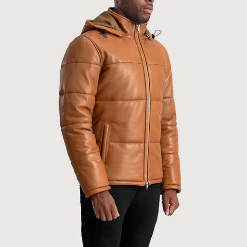 Gordon Tan Hooded Leather Puffer Jacket