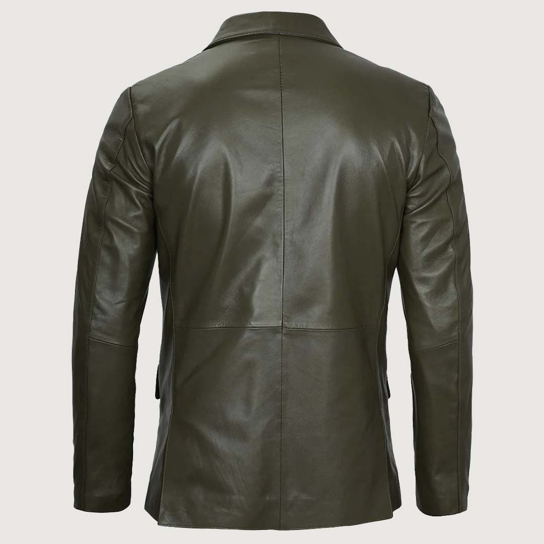 Men’s Military Green Real Leather Blazer