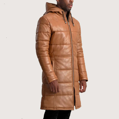 Floyd Tan Hooded Leather Puffer Coat