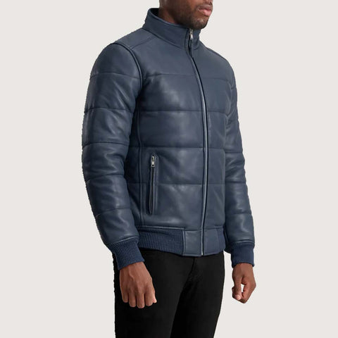 Lucas Blue Leather Puffer Bomber Jacke
