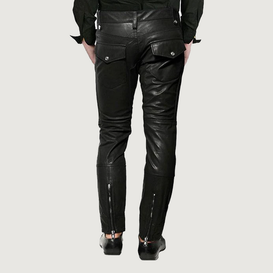 MEN CROSS FRONT ZIPPER LEATHER PANTS