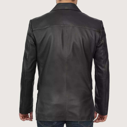 Mens Two Button Black Leather Blazer Jacket