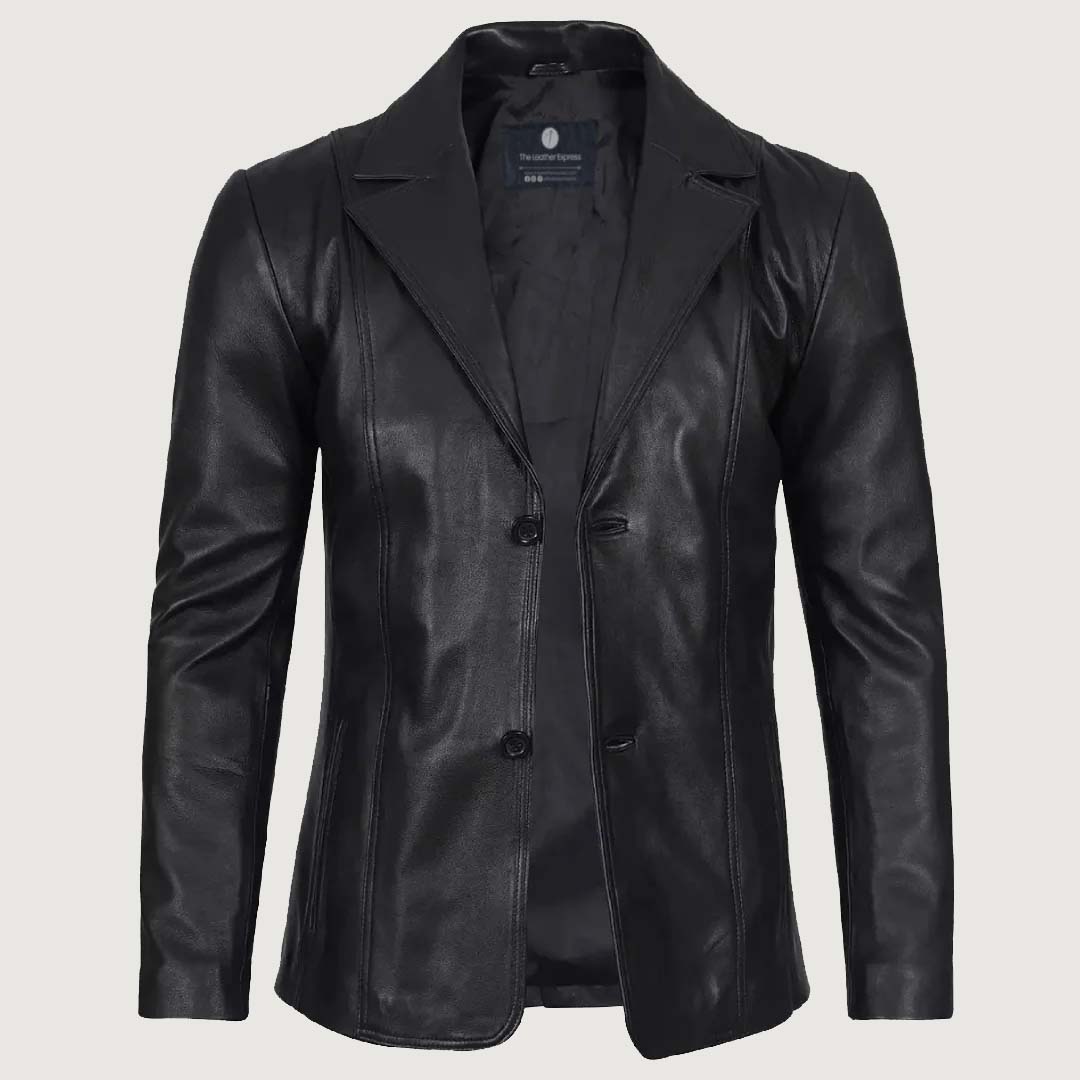 Men's Stylish Black Leather Blazer - Two Button