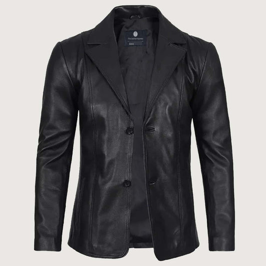 Men's Stylish Black Leather Blazer - Two Button
