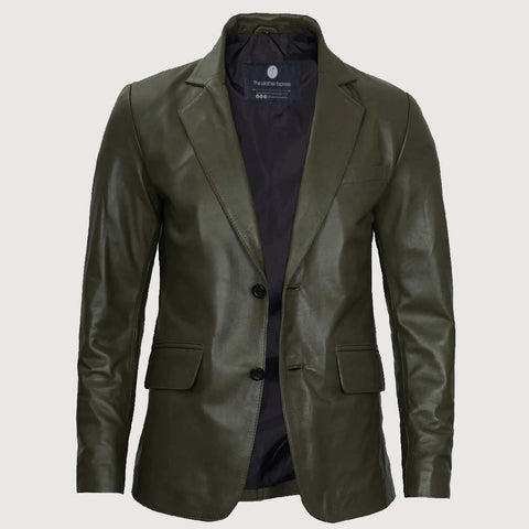 Men’s Military Green Real Leather Blazer