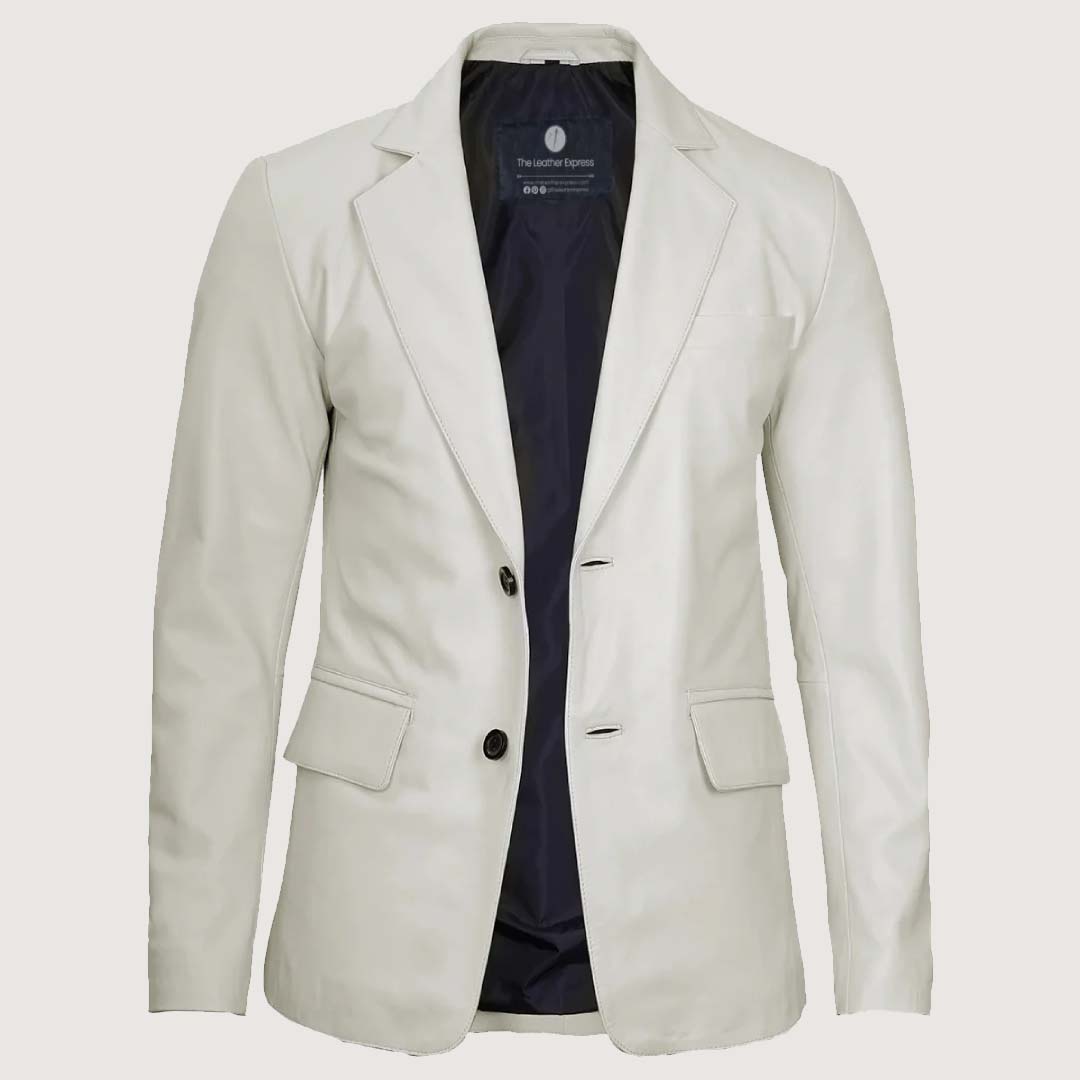 Men’s Classic Two Button White Leather Blazer