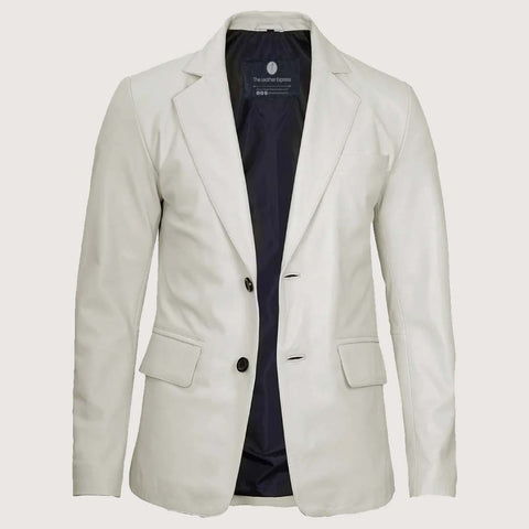 Men’s Classic Two Button White Leather Blazer