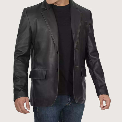 Mens Two Button Black Leather Blazer Jacket