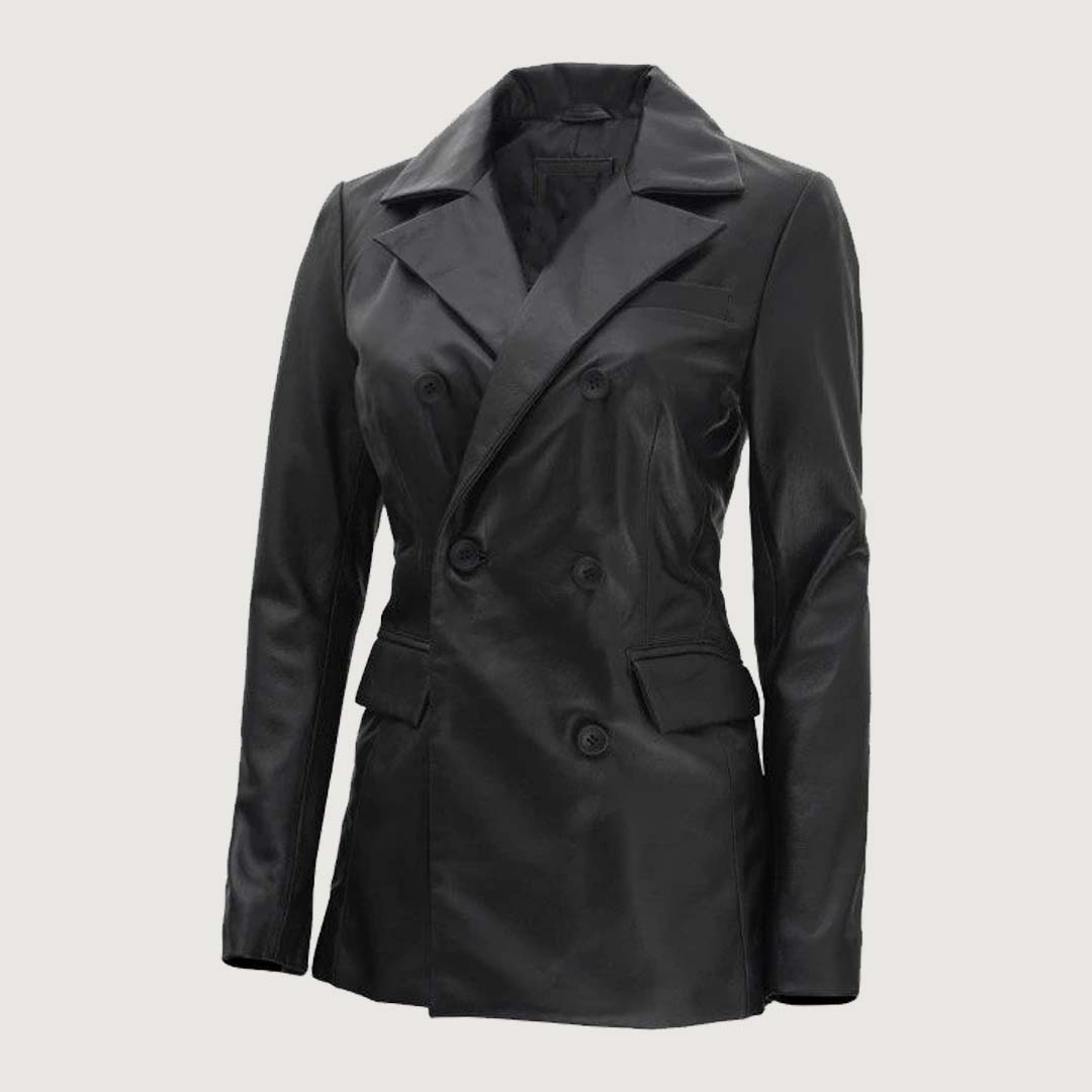 Breanna Women Double Breasted Black Leather Blazer