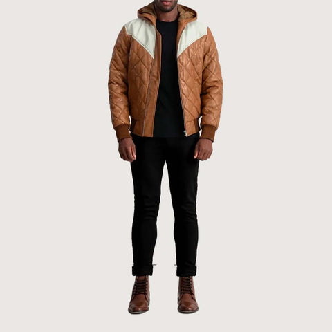 Norman Tan Hooded Bomber Leather Puffer Jacket