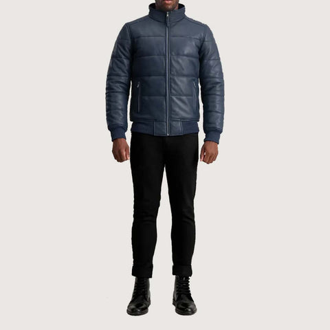 Lucas Blue Leather Puffer Bomber Jacke