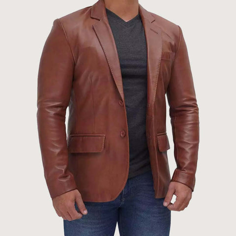 Mens Tan Outer Pocket Leather Blazer Jacket