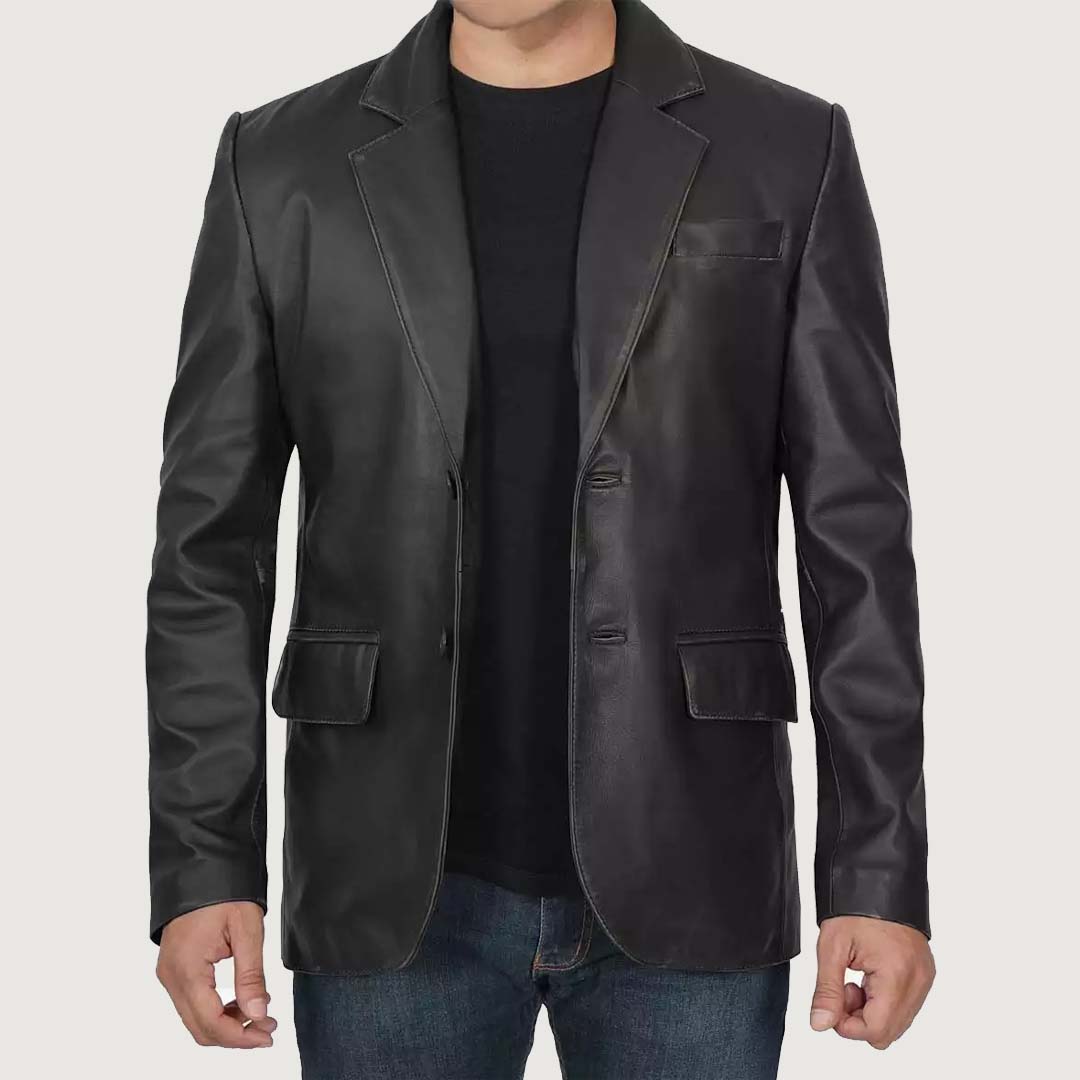 Mens Two Button Black Leather Blazer Jacket
