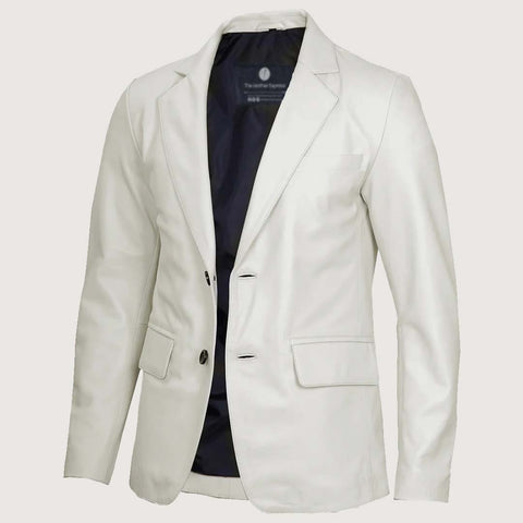 Men’s Classic Two Button White Leather Blazer