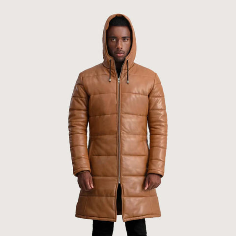 Floyd Tan Hooded Leather Puffer Coat