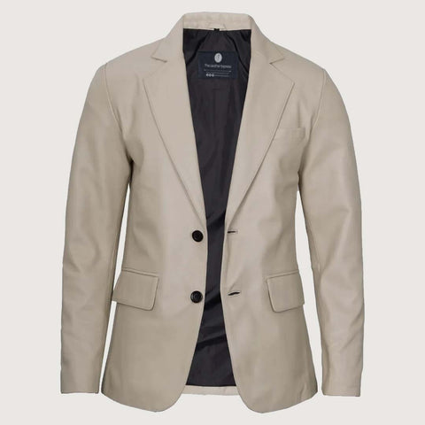 Mens Sports Beige Leather Blazer - Two Button