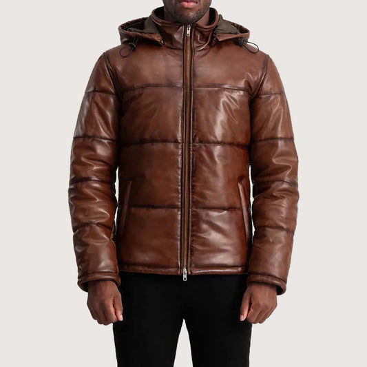 Gordon Waxed Brown Hooded Leather Puffer Jacket