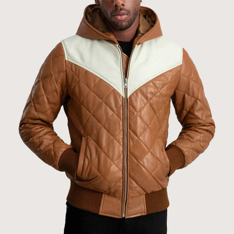 Norman Tan Hooded Bomber Leather Puffer Jacket
