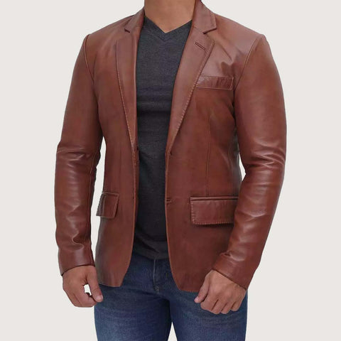 Mens Tan Outer Pocket Leather Blazer Jacket