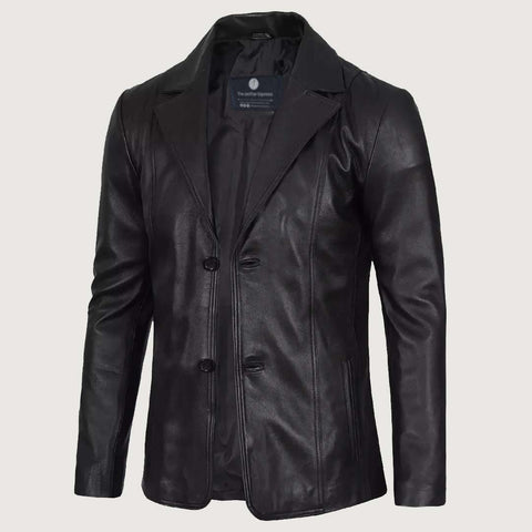 Men's Stylish Black Leather Blazer - Two Button