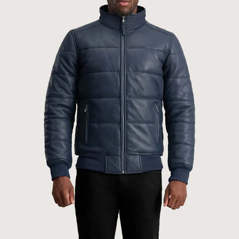 Lucas Blue Leather Puffer Bomber Jacke