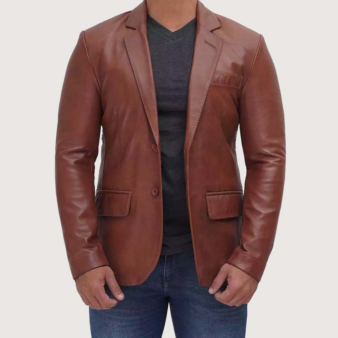 Mens Tan Outer Pocket Leather Blazer Jacket