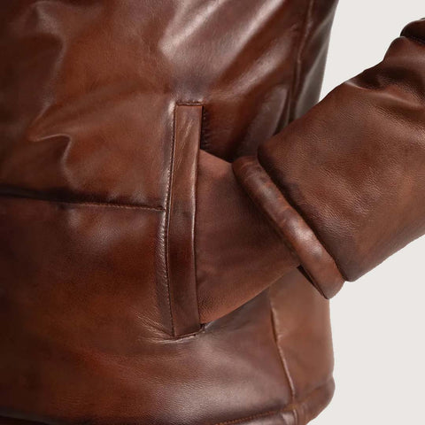 Gordon Waxed Brown Hooded Leather Puffer Jacket