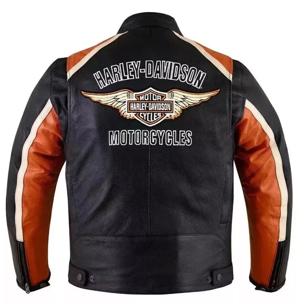 Harley Davidson Black & Orange Classic Motorcycle Leather Jacket