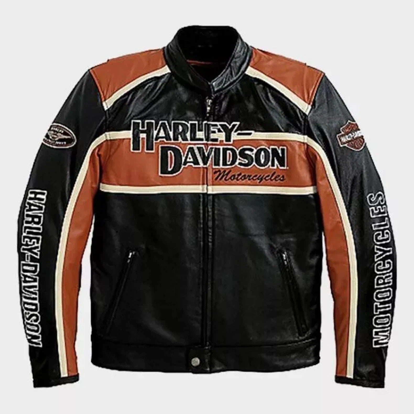 Harley Davidson Black & Orange Classic Motorcycle Leather Jacket