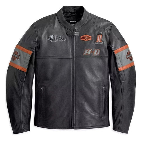 Harley Davidson H-D Black & Orange Racing Leather Motorcycle Jacket