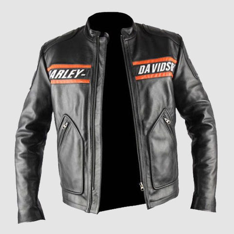 Harley Davidson Men's Black Classic Motorcycle Leather Jacket with Orange Racing Stripes ,gift , Racing motorbike jacket