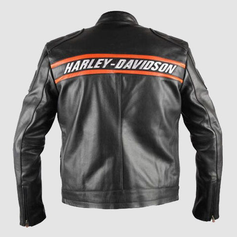 Harley Davidson Men's Black Classic Motorcycle Leather Jacket with Orange Racing Stripes ,gift , Racing motorbike jacket