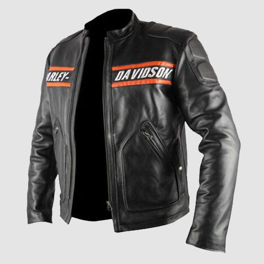 Harley Davidson Men's Black Classic Motorcycle Leather Jacket with Orange Racing Stripes ,gift , Racing motorbike jacket
