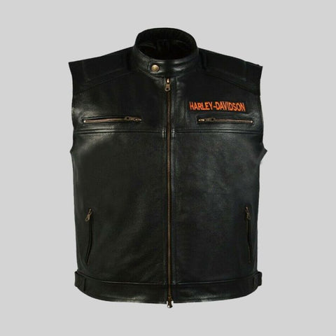 Classic Harley-Davidson Black Leather Motorcycle Vest – 115th Anniversary Style
