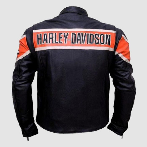 Harley Davidson Men's Black Café Racer Leather Motorcycle Jacket with Orange Stripe ,Racing Jacket ,Gift