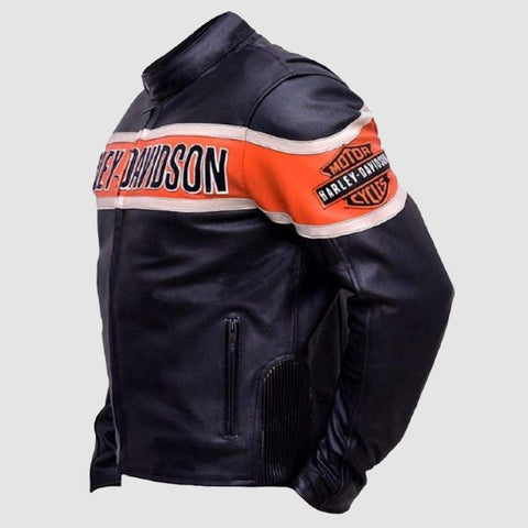 Harley Davidson Men's Black Café Racer Leather Motorcycle Jacket with Orange Stripe ,Racing Jacket ,Gift