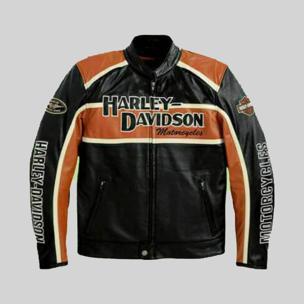 Harley Davidson Men's Black & Orange Motorcycle Leather Jacket  , Motor Bike Jacket , Gift