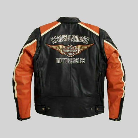 Harley Davidson Men's Black & Orange Motorcycle Leather Jacket  , Motor Bike Jacket , Gift