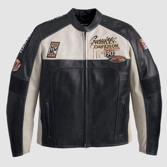 Harley Davidson Men's Black & White Perforated Leather Motorcycle Racing Jacket