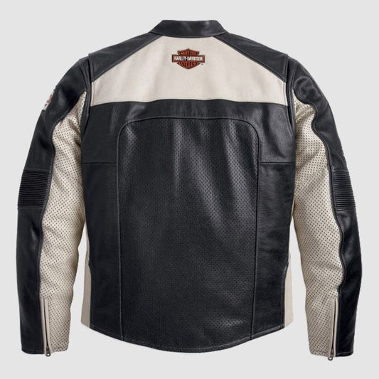 Harley Davidson Men's Black & White Perforated Leather Motorcycle Racing Jacket