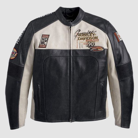 Harley Davidson Men's Black & White Perforated Leather Motorcycle Racing Jacket