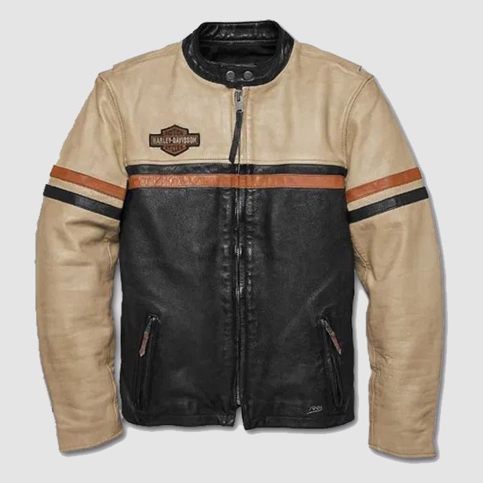 Harley Davidson Men's Beige & Black Motorcycle Leather Jacket  ,Racing Jacket , Gift