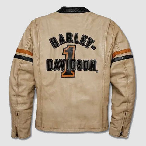 Harley Davidson Men's Beige & Black Motorcycle Leather Jacket  ,Racing Jacket , Gift