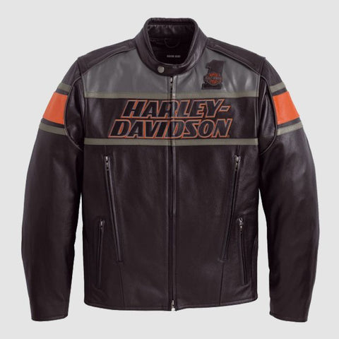 Harley Davidson Men's Black Premium Motorcycle Leather Jacket with Orange Stripe Detail,Motor Bike Jacket , gift ,handmade