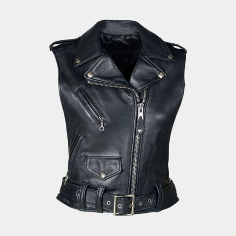 Women’s Black Leather Biker Vest – Classic Motorcycle Style
